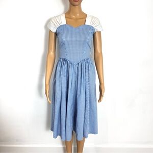 Vintage Handmade Blue & White Gingham Midi Maiden Dress Dorothy Costume Women XS